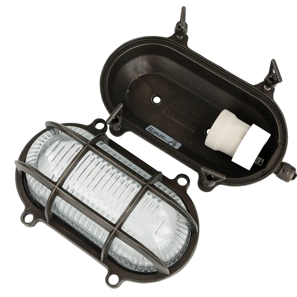 Außenlampe Wand Maritim Messing Riffelglas Schwarz antik