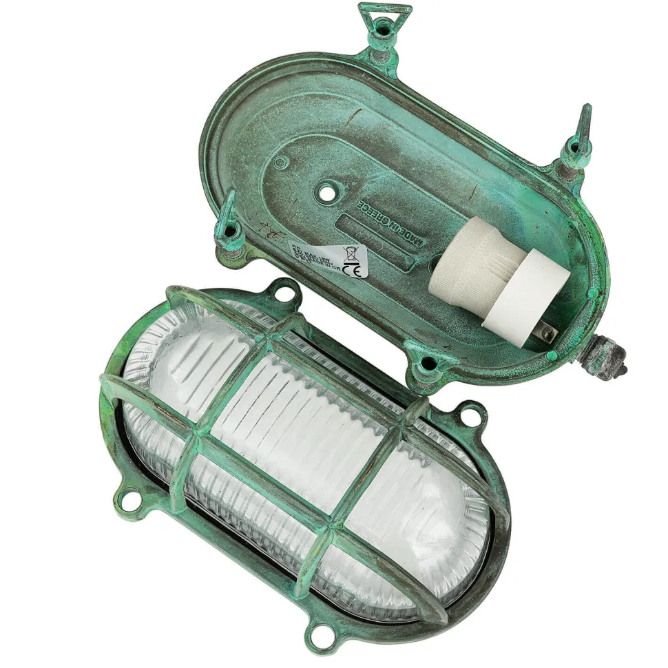 Außenlampe Wand Messing Glas IP64 E27 Maritim Grün antik