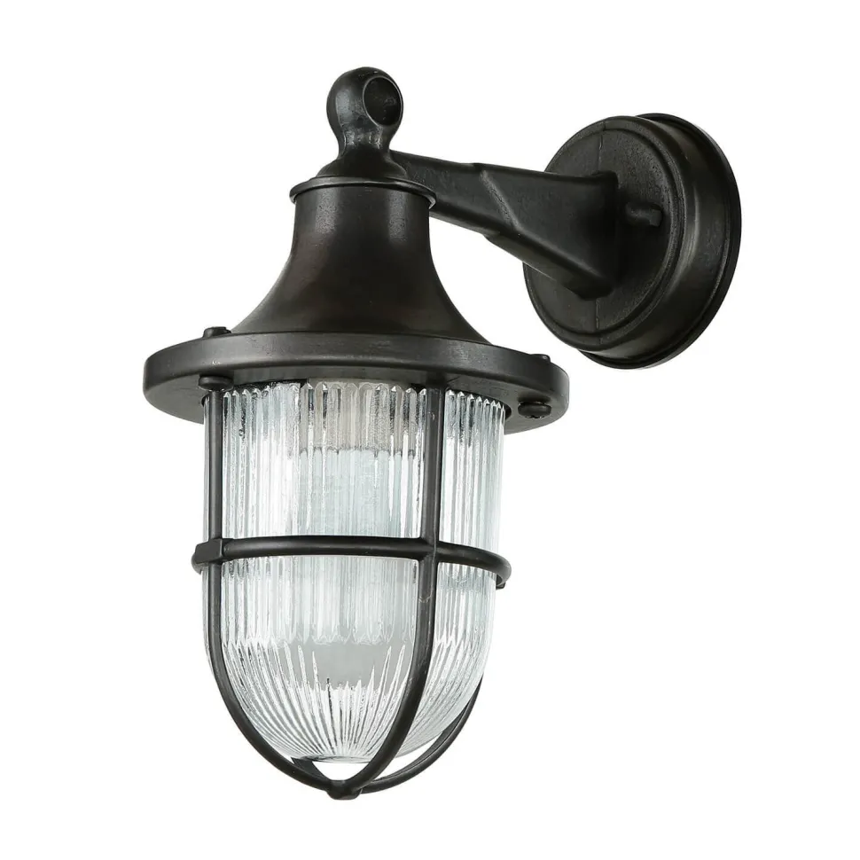 Außenleuchte IP64 E27 Schwarz antik geriffeltes Glas Messing