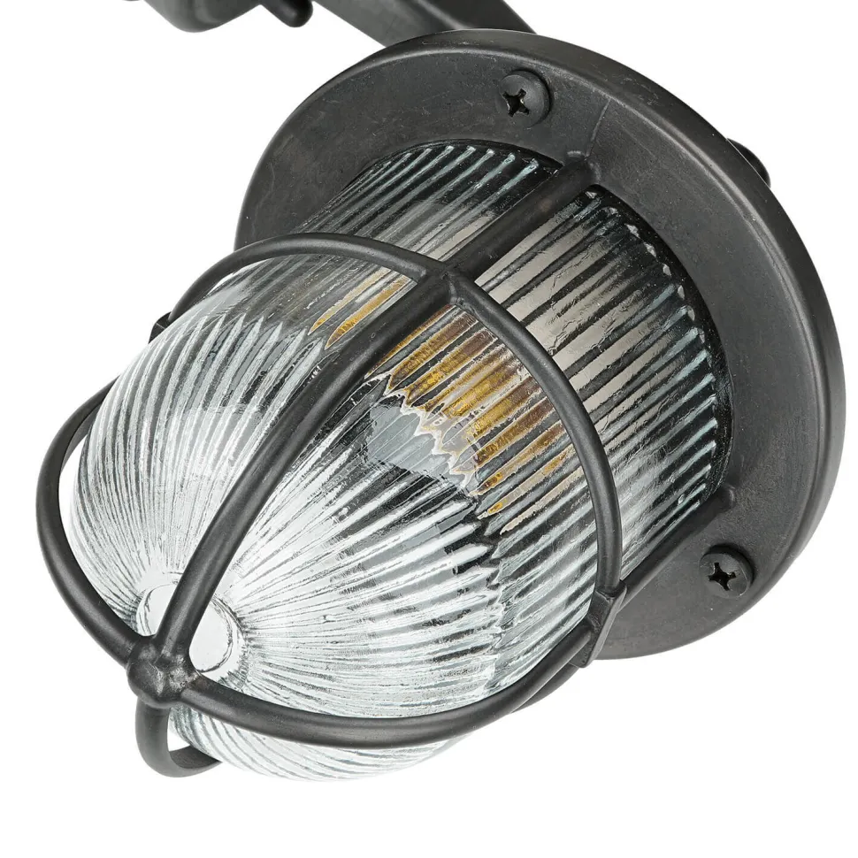 Außenleuchte IP64 E27 Schwarz antik geriffeltes Glas Messing