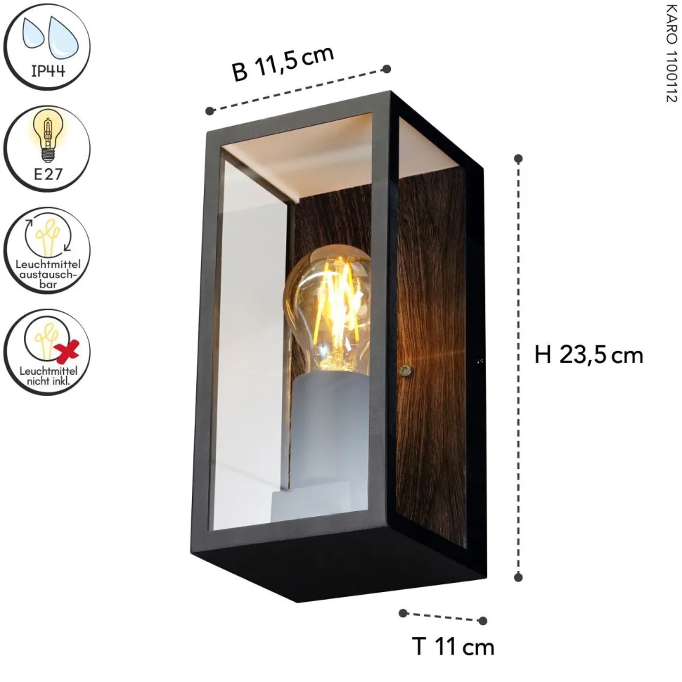 Außenleuchte Vintage Schwarz Holz B:11,5 cm IP44 E27