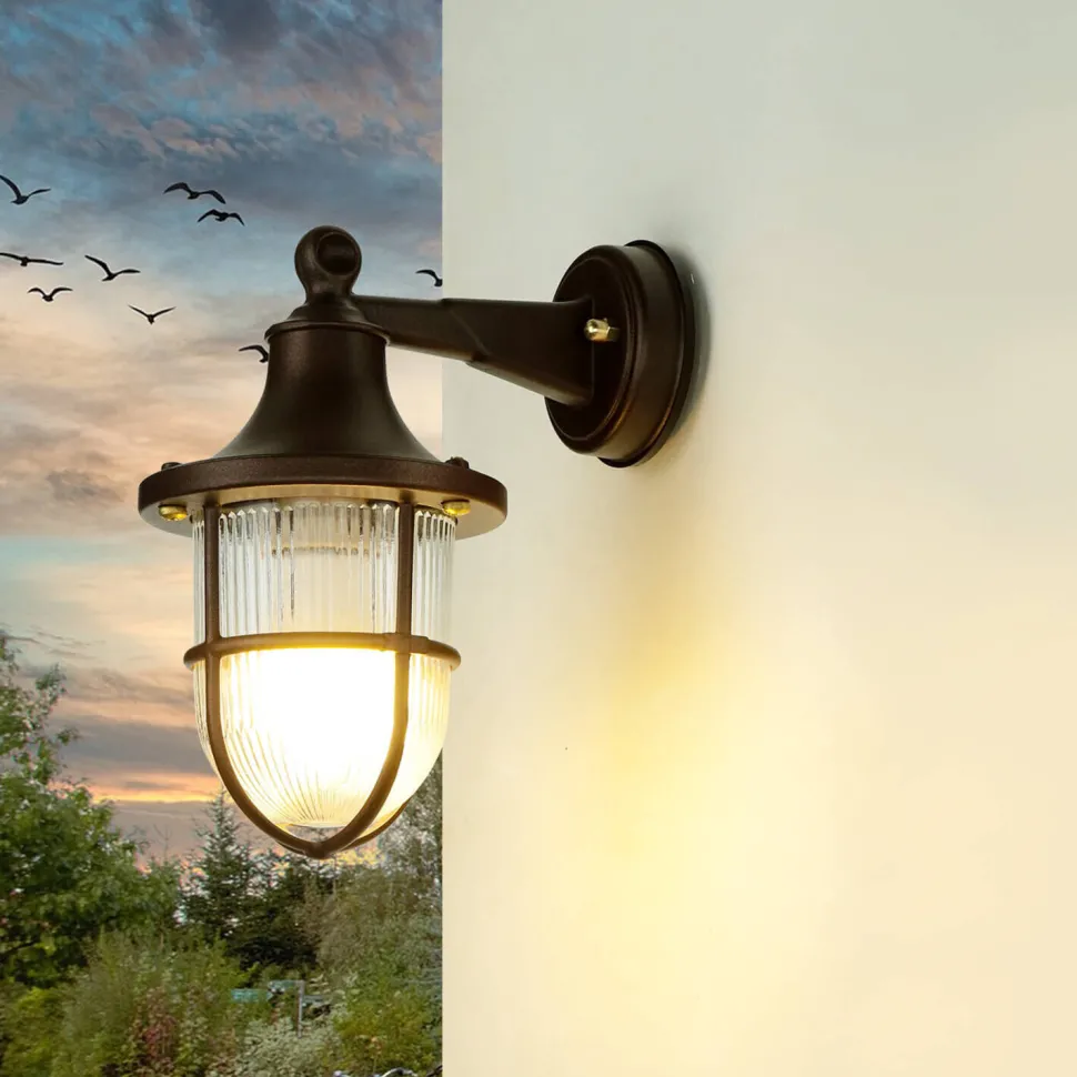 Außenleuchte Wand IP64 E27 Rostbraun antik Echt-Messing Maritim