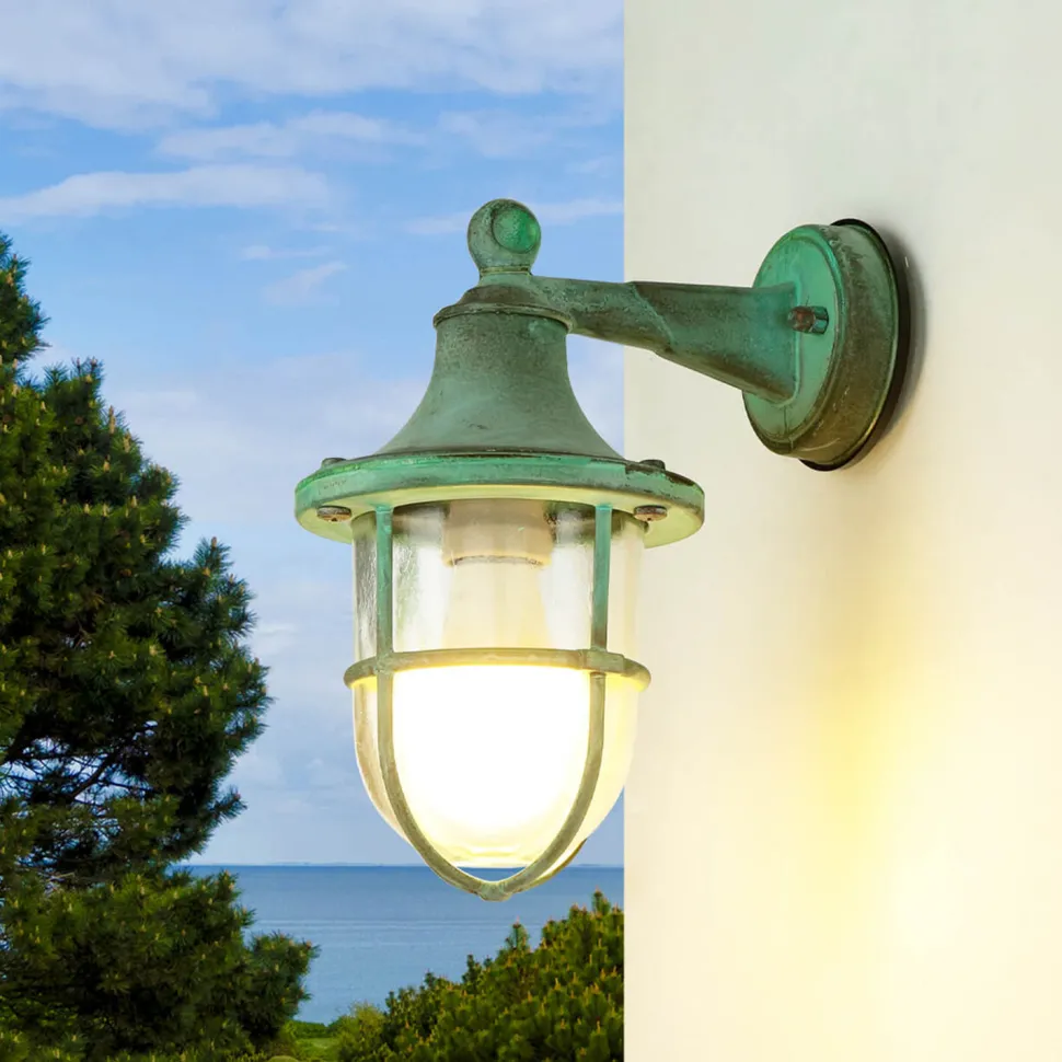 Außenleuchte Wand IP64 Grün antik Glas Echt-Messing E27