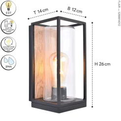 Außenwandlampe Glas Aluminium Natur Schwarz E27 IP44