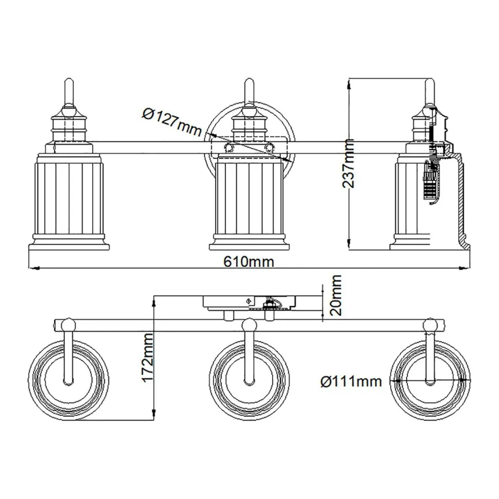 Badlampe Metall Glas 61 cm breit IP44 G9 3-flammig