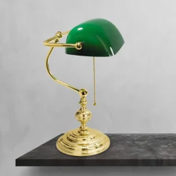 Bankerlampe 39 cm E27 Messing Glas Zugschalter Grün