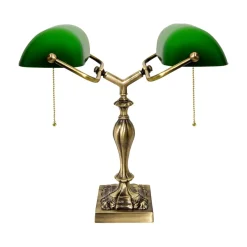 Bankerlampe 42,5 cm 2-flammig E27 Echt-Messing Zugschalter