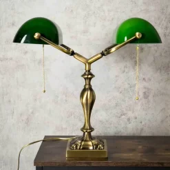 Bankerlampe 42,5 cm 2-flammig E27 Echt-Messing Zugschalter