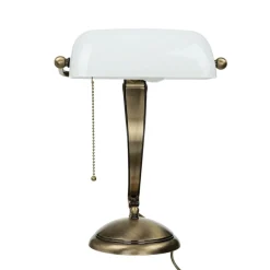 Bankerlampe Bronze aus Messing mit Schirm Weiß
