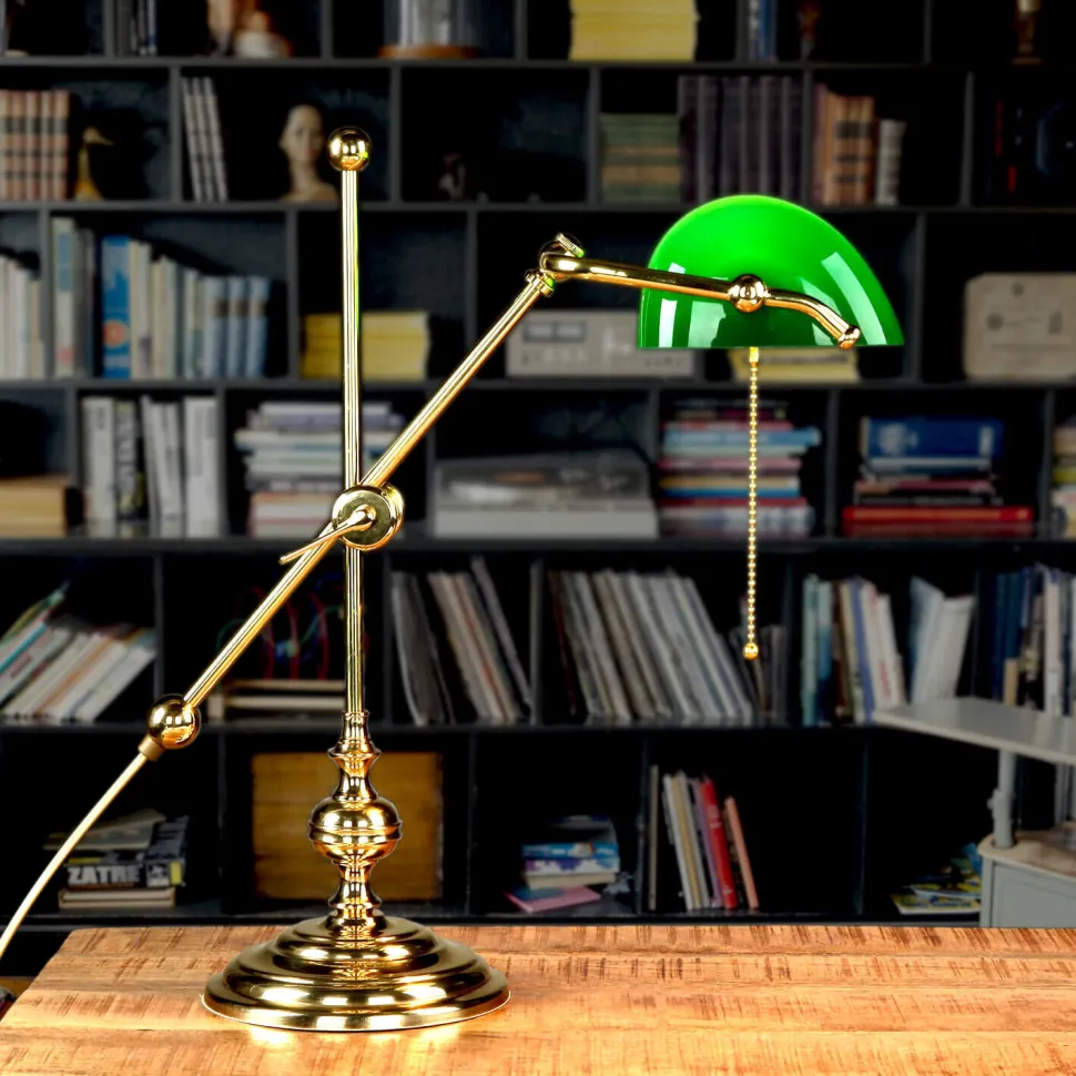 Bankerlampe Grün aus Echt Messing Poliert