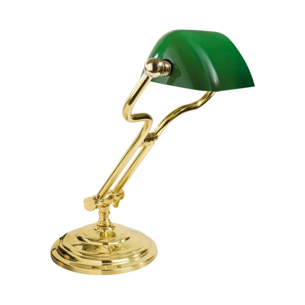 Bankerlampe Grün H: 35 cm verstellbar Echt-Messing Glas E14