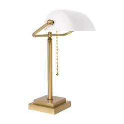 Bankerlampe Messing Glas 40 cm Zugschalter in Bronze Weiß