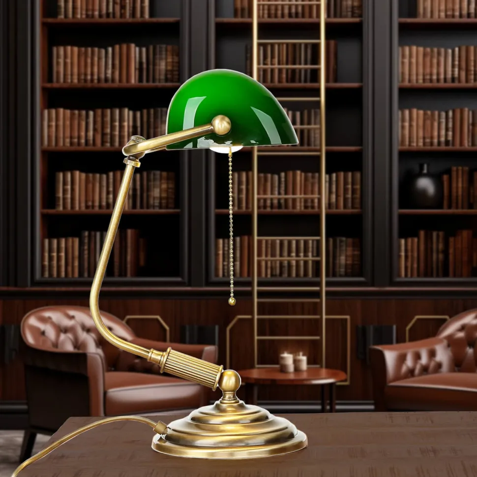 Bankerlampe Messing massiv 35,5 cm Zugschalter