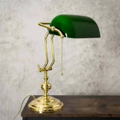 Bankerlampe Zugschalter 38 cm E27 Messing Glas Grün