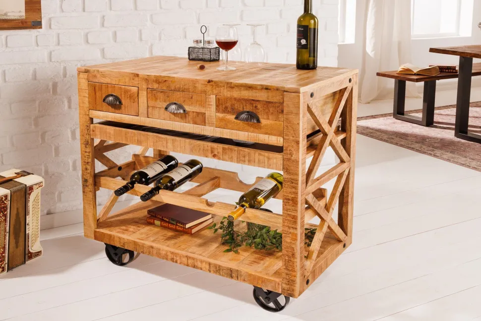 Barschrank mit Rollen Mangoholz massiv B: 86 cm Industrial
