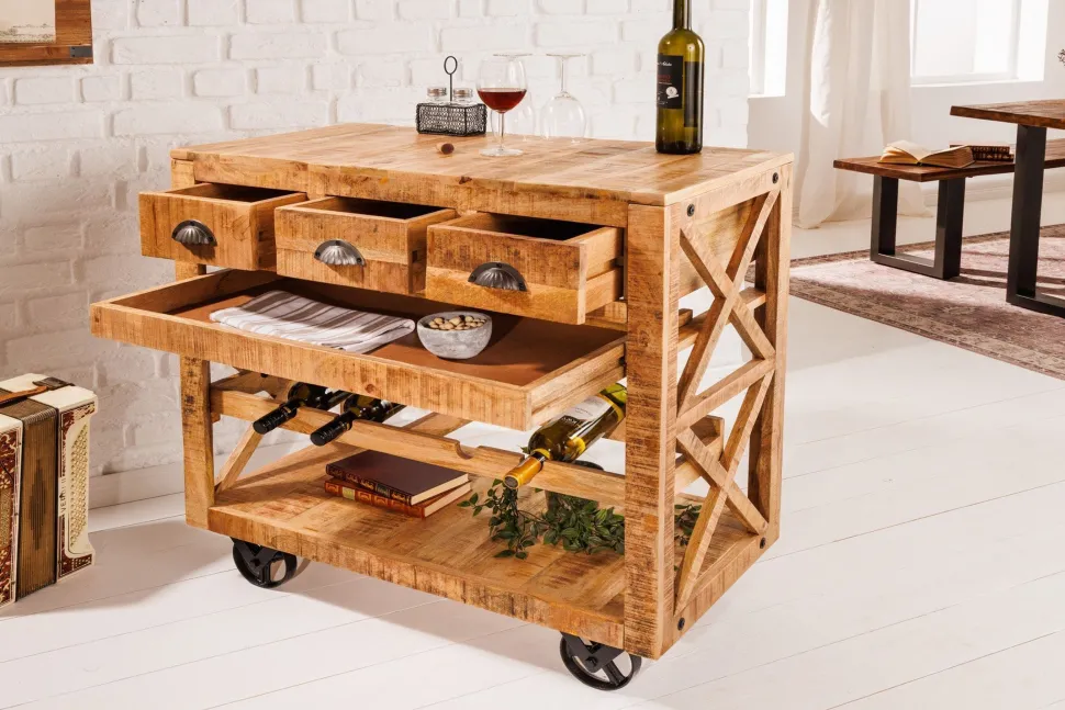 Barschrank mit Rollen Mangoholz massiv B: 86 cm Industrial