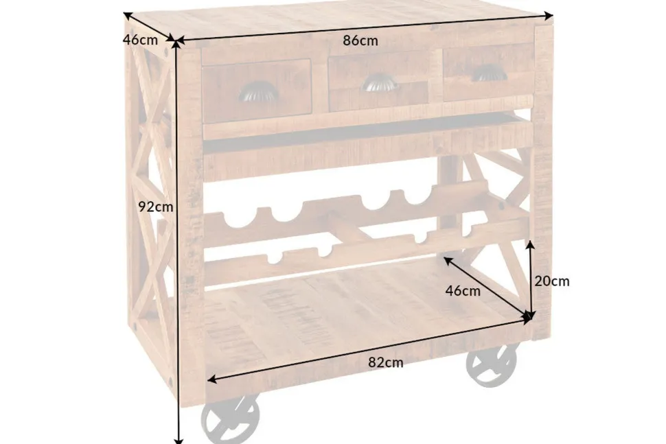 Barschrank mit Rollen Mangoholz massiv B: 86 cm Industrial