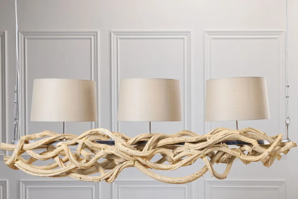 Blendarme Hängelampe 3-flammig Holz Leinen 165 cm lang