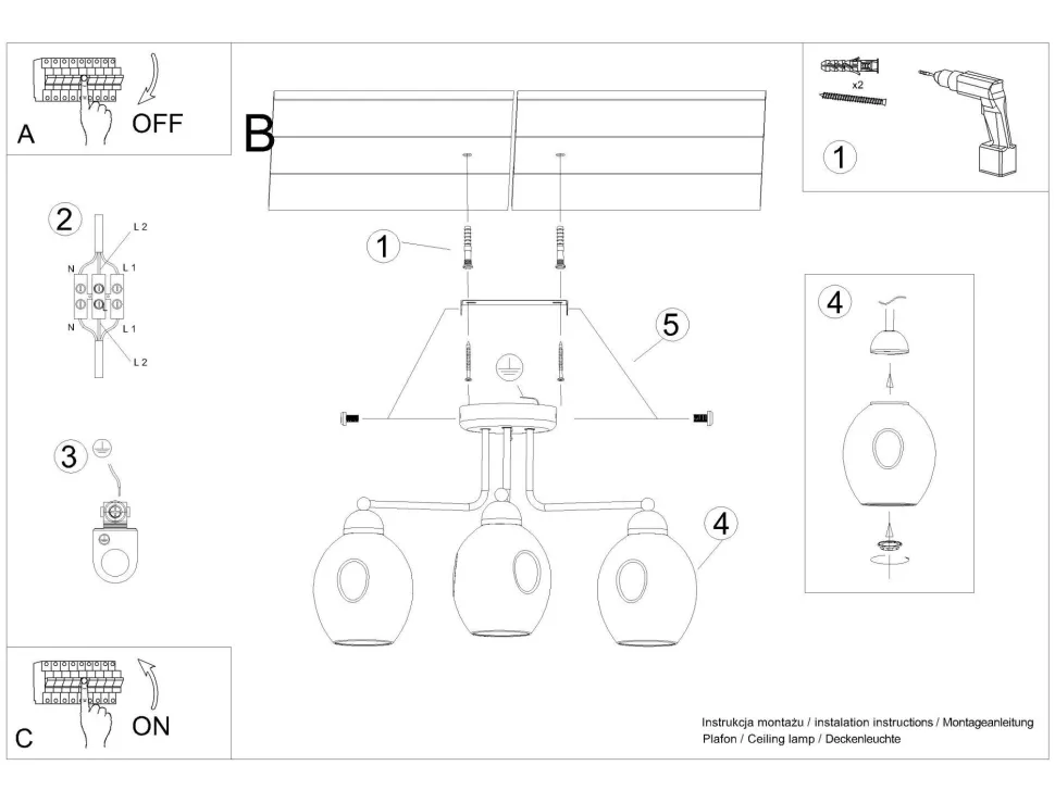 Deckenlampe 3-flammig Schwarz Rauchglas E27 Modern