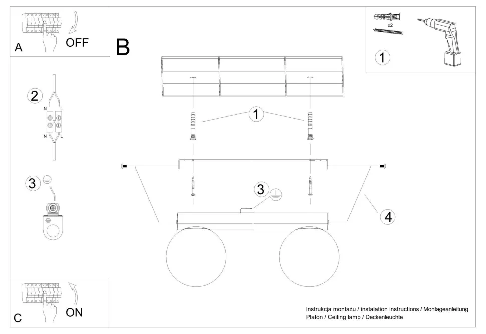 Deckenlampe Glas Metall 34,5 cm 2x G9 Weiß Kugelschirme