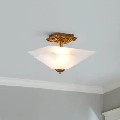 Deckenlampe Glas Metall B: 36,8 cm 2x E27 in Gold antik Weiß