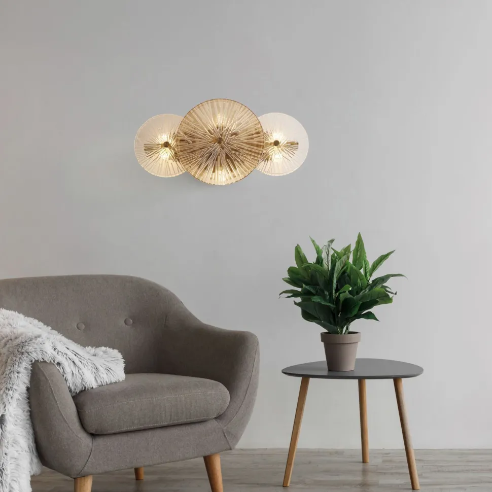 Deckenlampe Metall Glas B: 40 cm in Messing Bernstein Klar