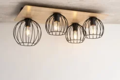 Deckenlampe Metall Holz E27 Schwarz Natur Retro innen