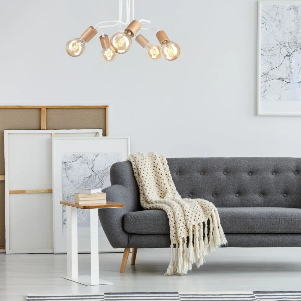 Deckenlampe Metall Holz Weiß 5-flammig E27 B: 44 cm Retro