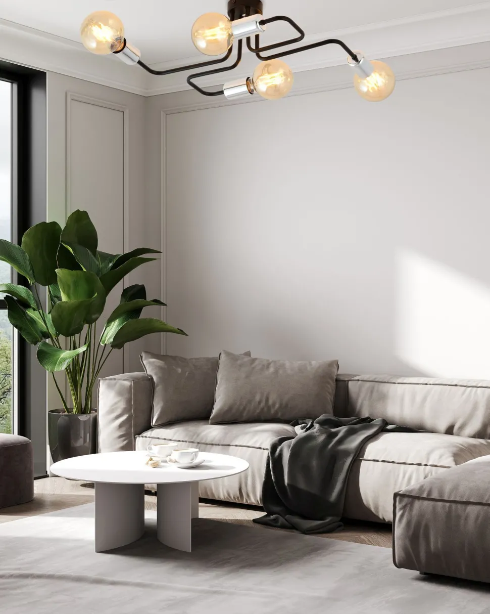 Deckenlampe Retro flach 4-flammig für E27 Schwarz Chrom