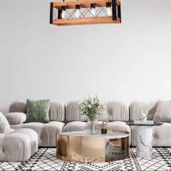 Deckenlampe Rustikal Holz Metall 4x E27 63 cm lang Schwarz