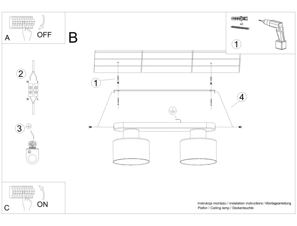 Deckenlampe Schwarz 34 cm lang Metall 2-flammig E27