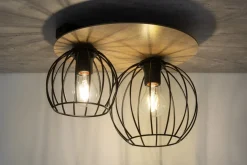 Deckenlampe Schwarz Natur E27 Metall Holz Wohnzimmer