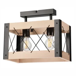 Deckenleuchte Holz Metall eckig 2x E27 Rustikal Schwarz Natur