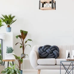 Deckenleuchte Holz Metall eckig 2x E27 Rustikal Schwarz Natur