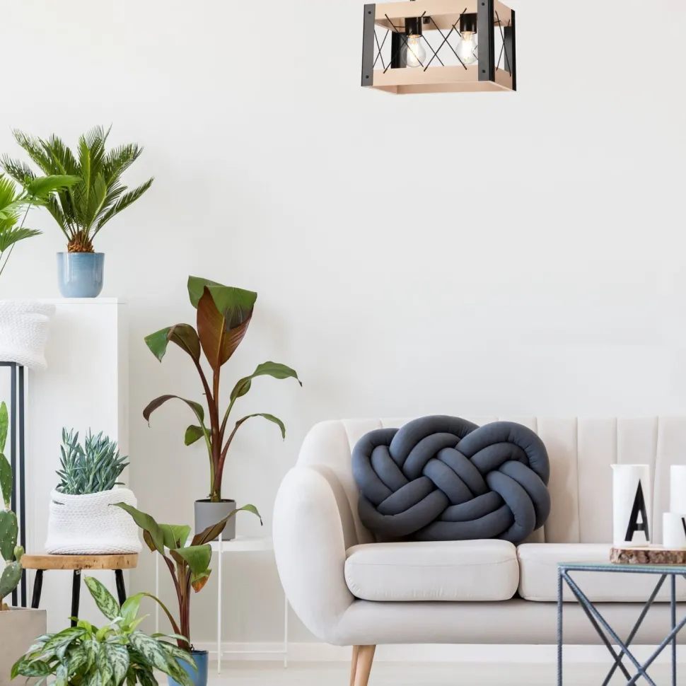 Deckenleuchte Holz Metall eckig 2x E27 Rustikal Schwarz Natur