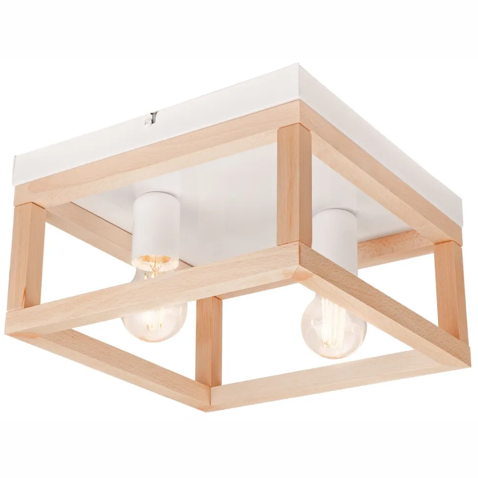 Deckenleuchte Holz Metall B: 30 cm eckig Natur Weiß 2x E27