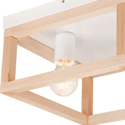 Deckenleuchte Holz Metall B: 30 cm eckig Natur Weiß 2x E27