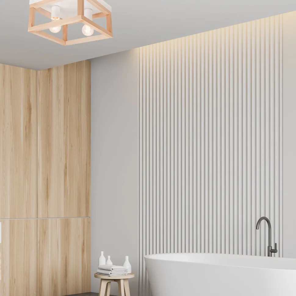 Deckenleuchte Holz Metall B: 30 cm eckig Natur Weiß 2x E27