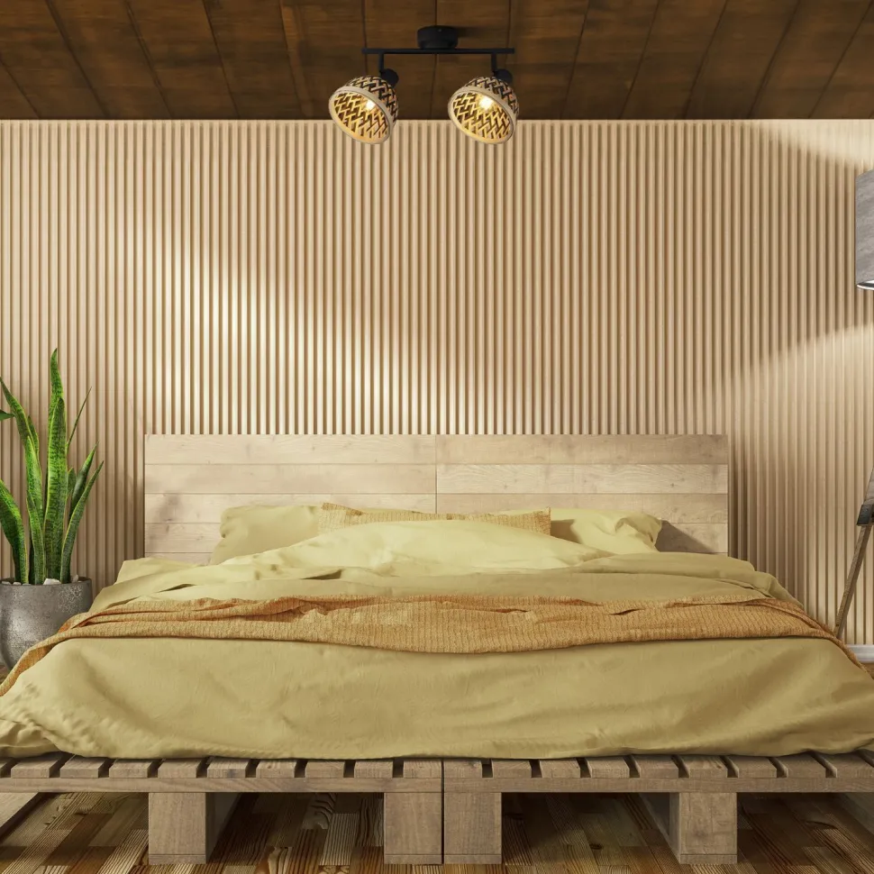 Deckenspot 2-flammig E14 Schwarz Natur Bambus Holz Metall