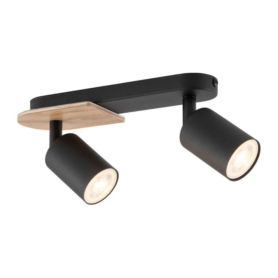 Deckenstrahler 2-flammig Metall Holz Schwarz Natur 35 cm