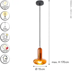 Dekorative Hängelampe Glas in Bernstein E14 Ø B:15 cm