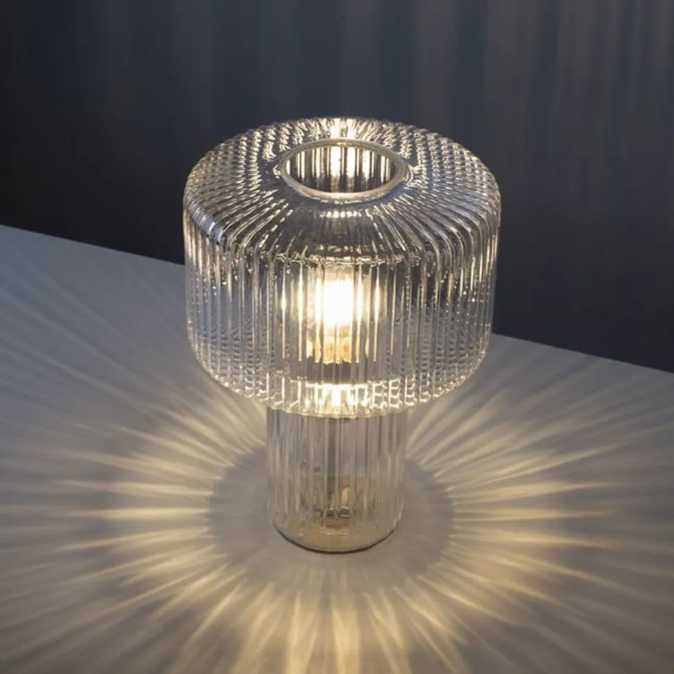 Dekorative Tischleuchte Riffelglas E27 35 cm Pilz rund