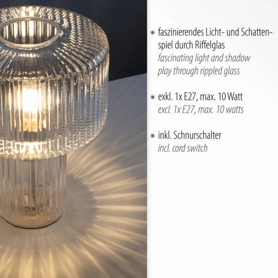 Dekorative Tischleuchte Riffelglas E27 35 cm Pilz rund