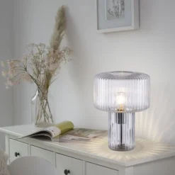 Dekorative Tischleuchte Riffelglas E27 35 cm Pilz rund