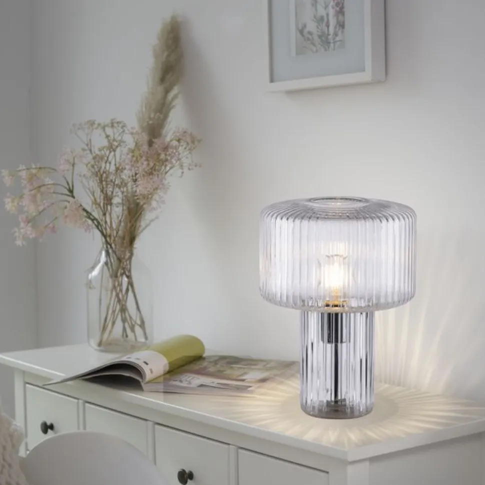 Dekorative Tischleuchte Riffelglas E27 35 cm Pilz rund