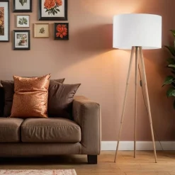 Dreibein Stehlampe klein 146 cm Skandinavisch Holz Stoff