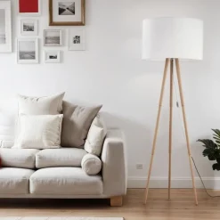 Dreibein Stehlampe klein 146 cm Skandinavisch Holz Stoff