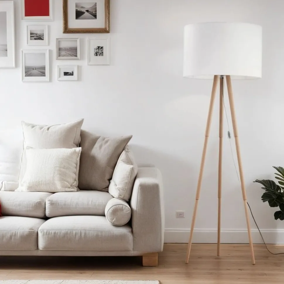 Dreibein Stehlampe klein 146 cm Skandinavisch Holz Stoff