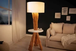 Dreibein Stehleuchte Holz Leinen Ablage 153 cm blendarm