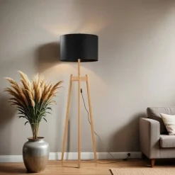 Dreibein Stehleuchte Holz Stoff 168 cm E27 Natur Schwarz